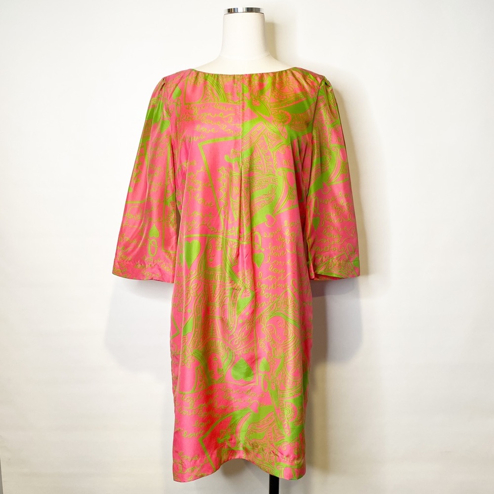 Lilly Pulitzer | 100% Silk, Queen of Hearts Shift Dress Hot Pink, Lime Green